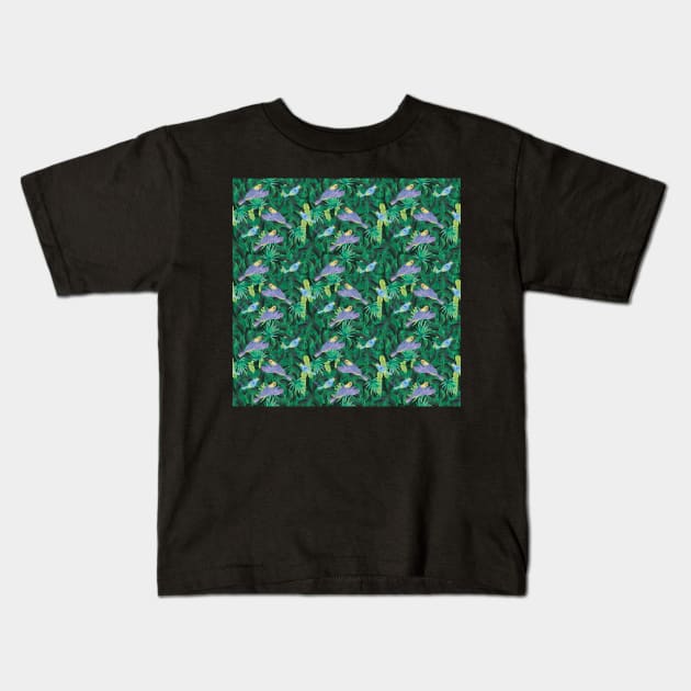 whimsical birds of the emerald forest Kids T-Shirt by Kimmygowland